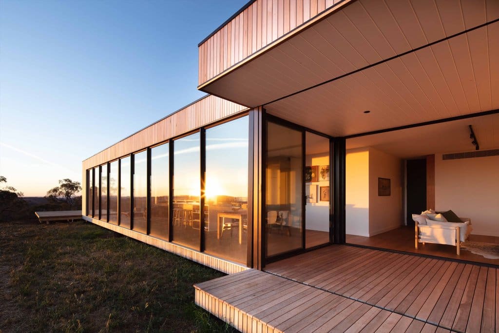 Timber house decking at sunset